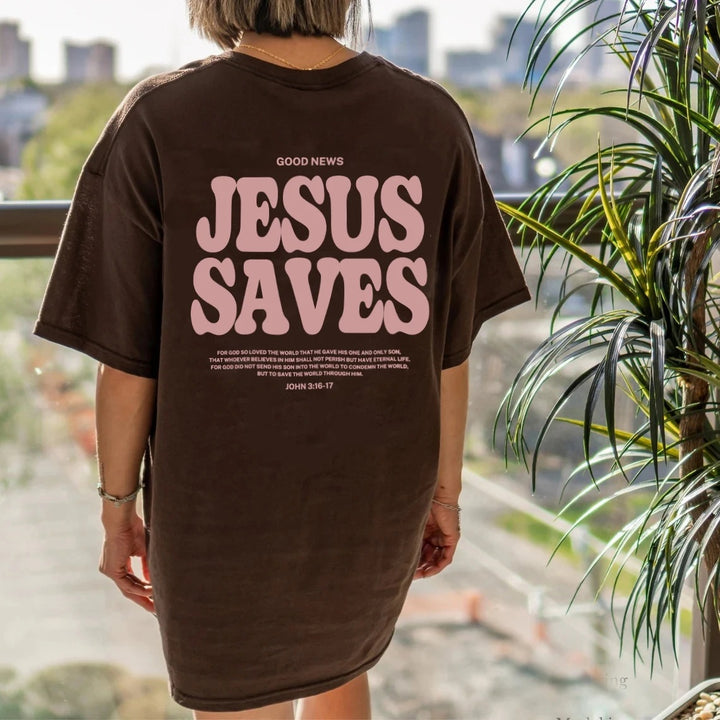 The Elara Jesus Saves washed cotton tee styled in Coffee, back view