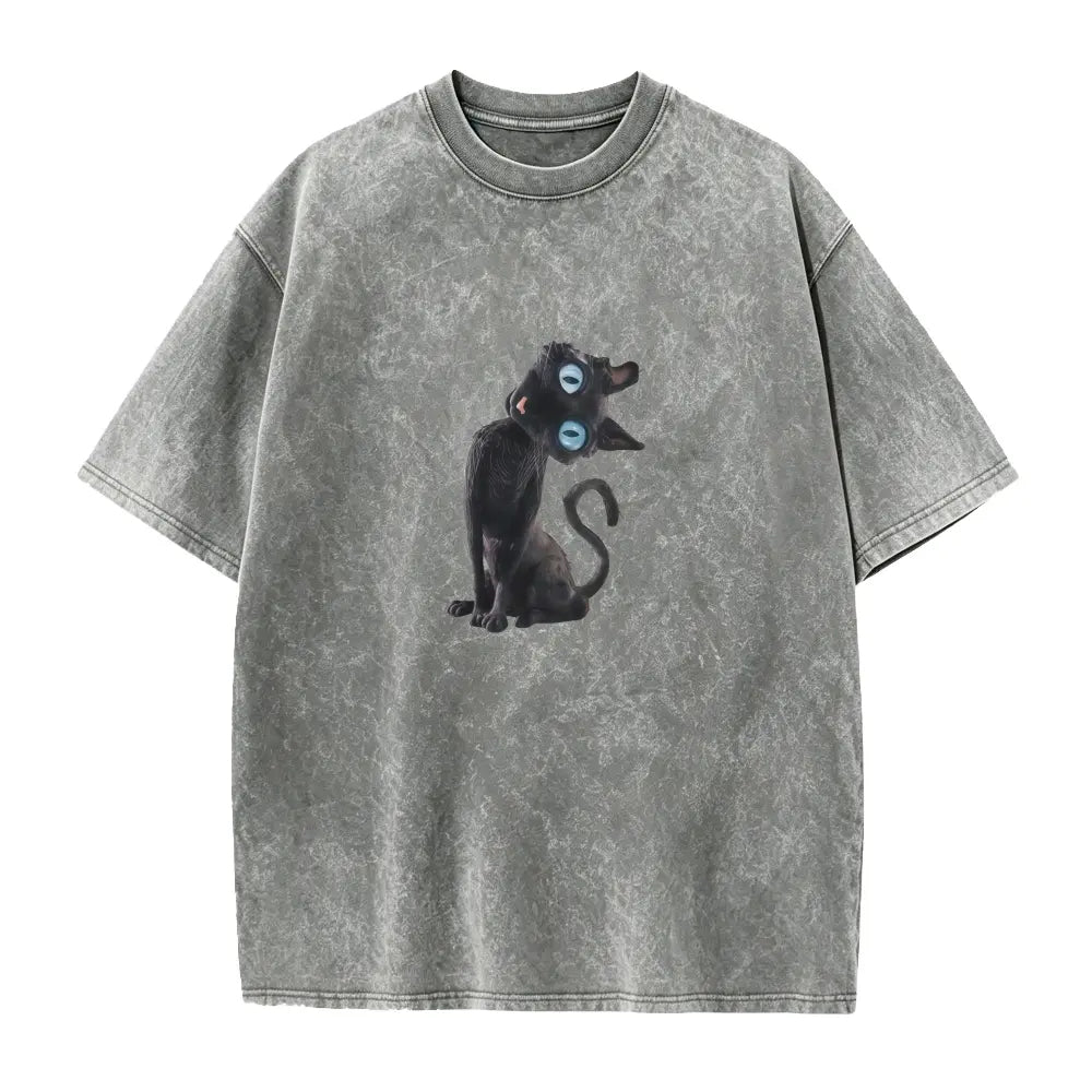 The Elara washed black cat graphic tee in Light Gray