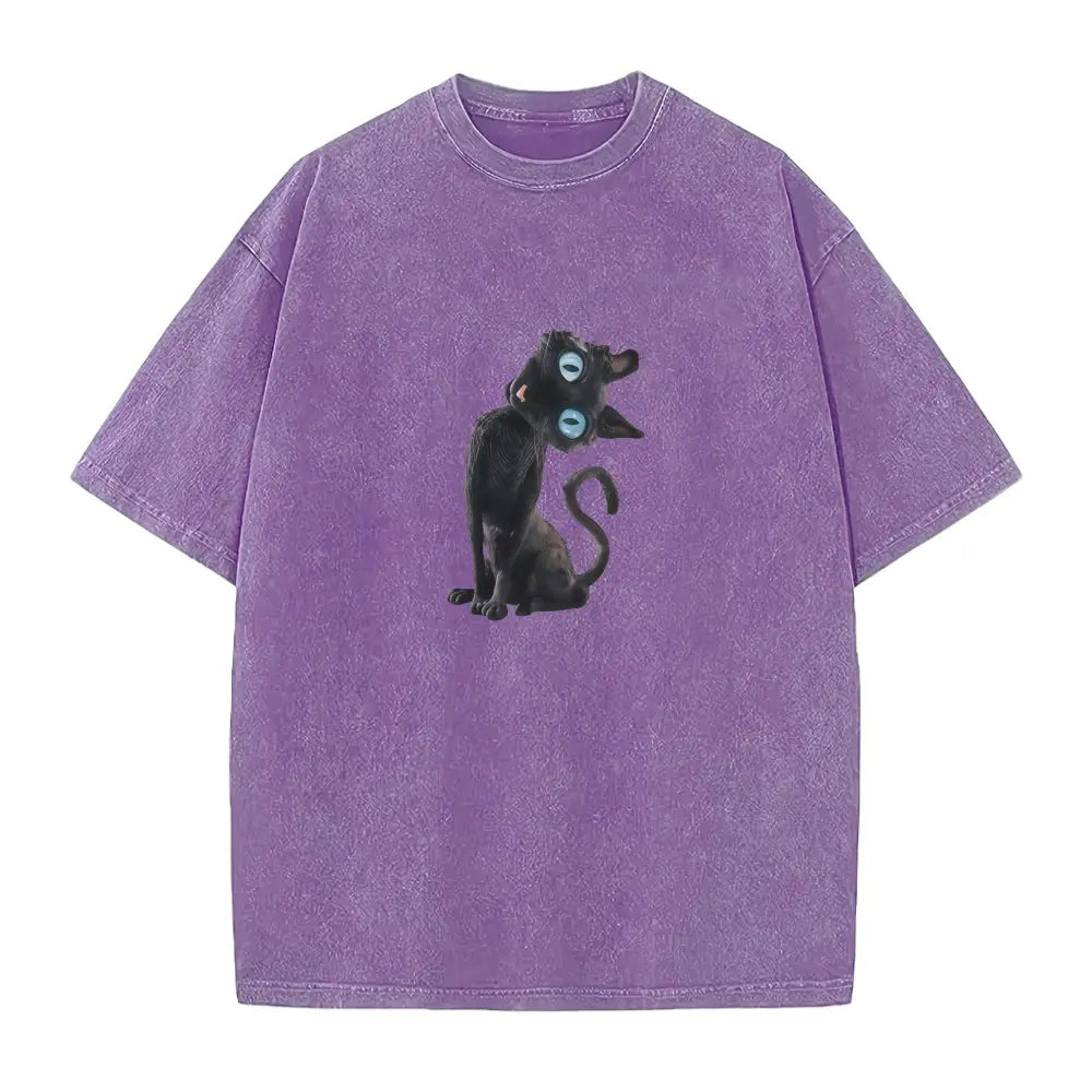 The Elara washed black cat graphic tee in Purple