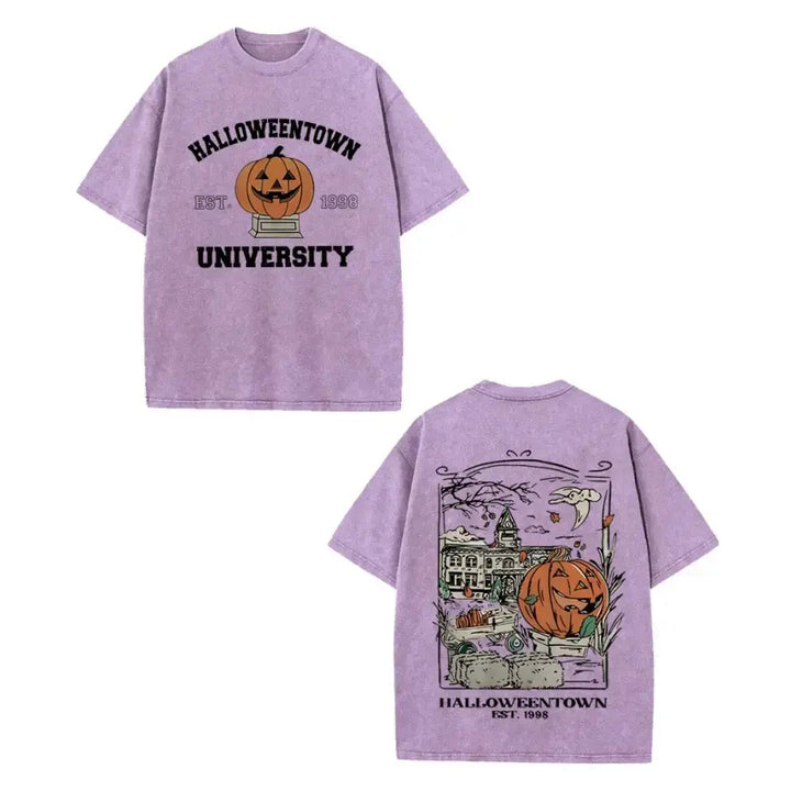 The Elara pumpkin campus washed graphic tee in Lavender Purple, front and back views