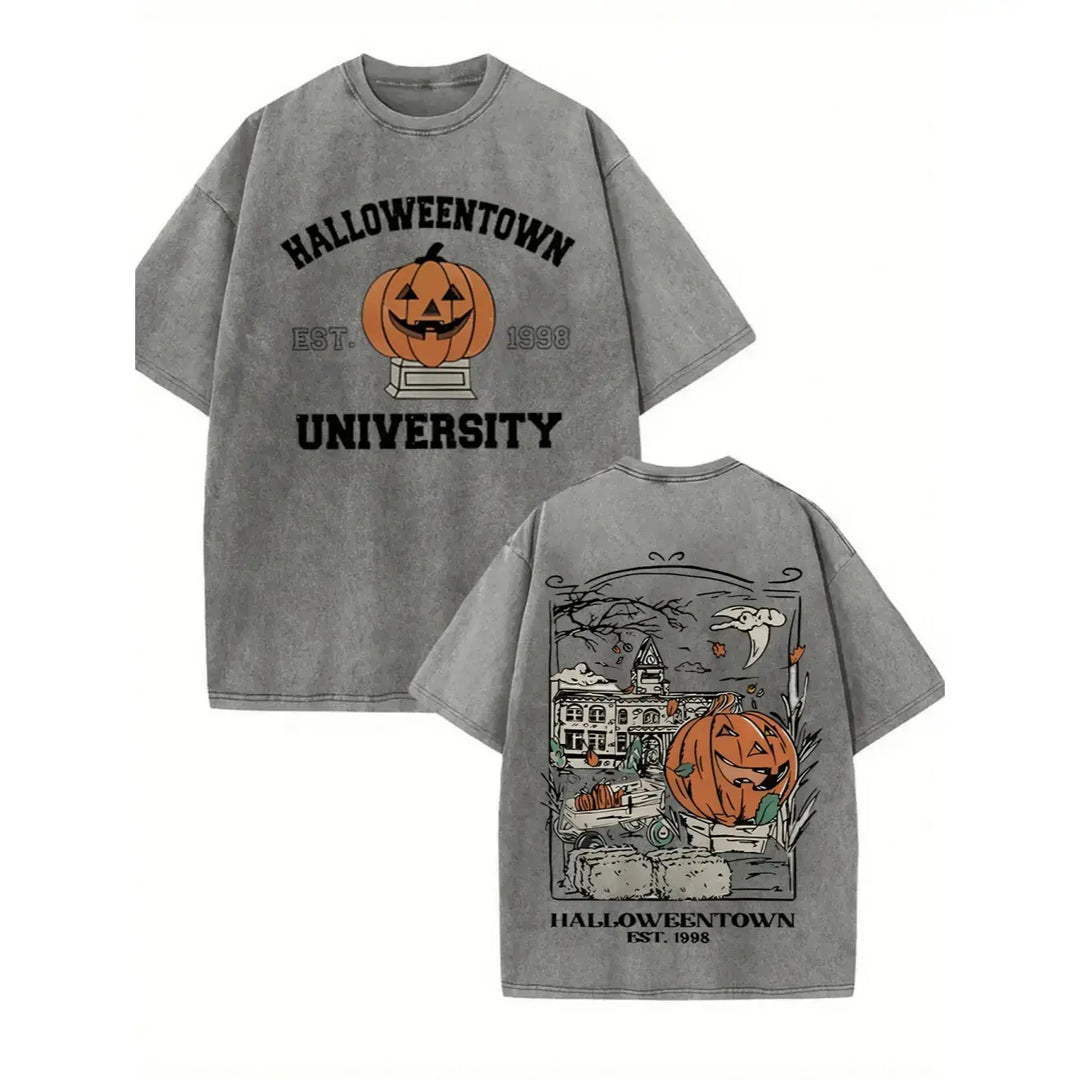 The Elara pumpkin campus washed graphic tee in Light Gray, front and back views
