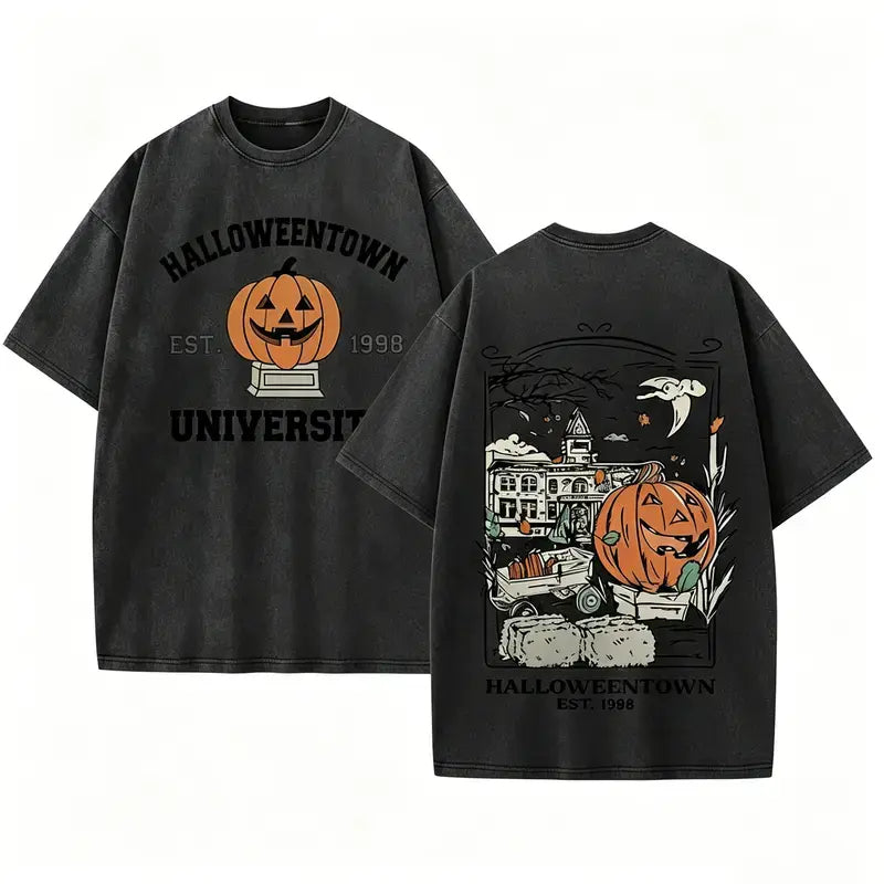 The Elara pumpkin campus washed graphic tee in Black, front and back views