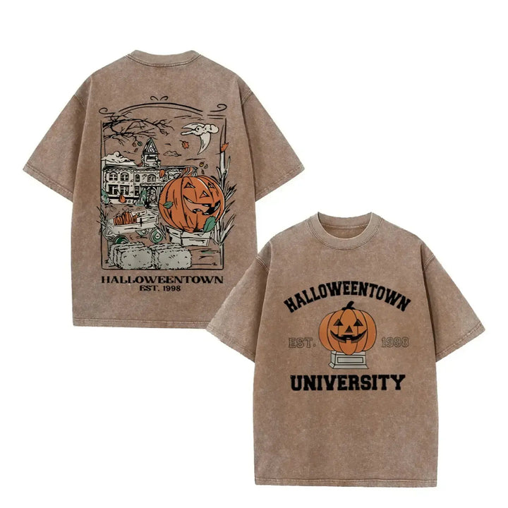 The Elara pumpkin campus washed graphic tee in Camel, front and back views