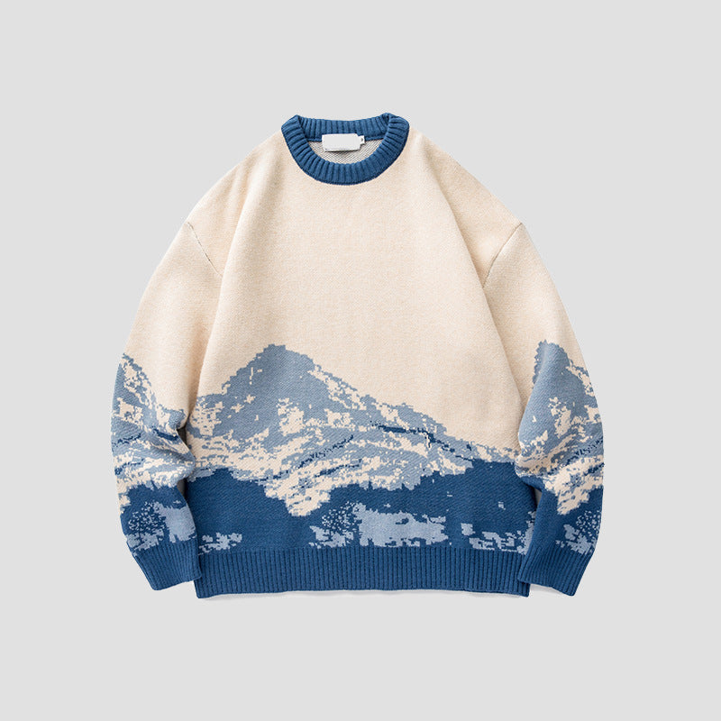 The Elara mountain scene knit sweater in Blue, front view