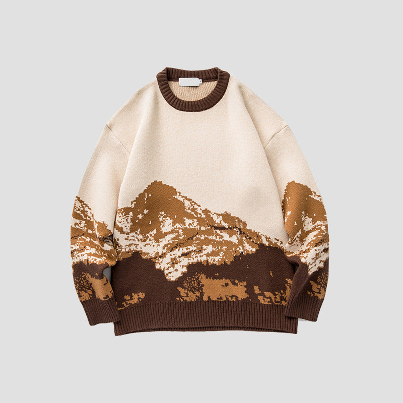 The Elara mountain scene knit sweater in Brown, front view