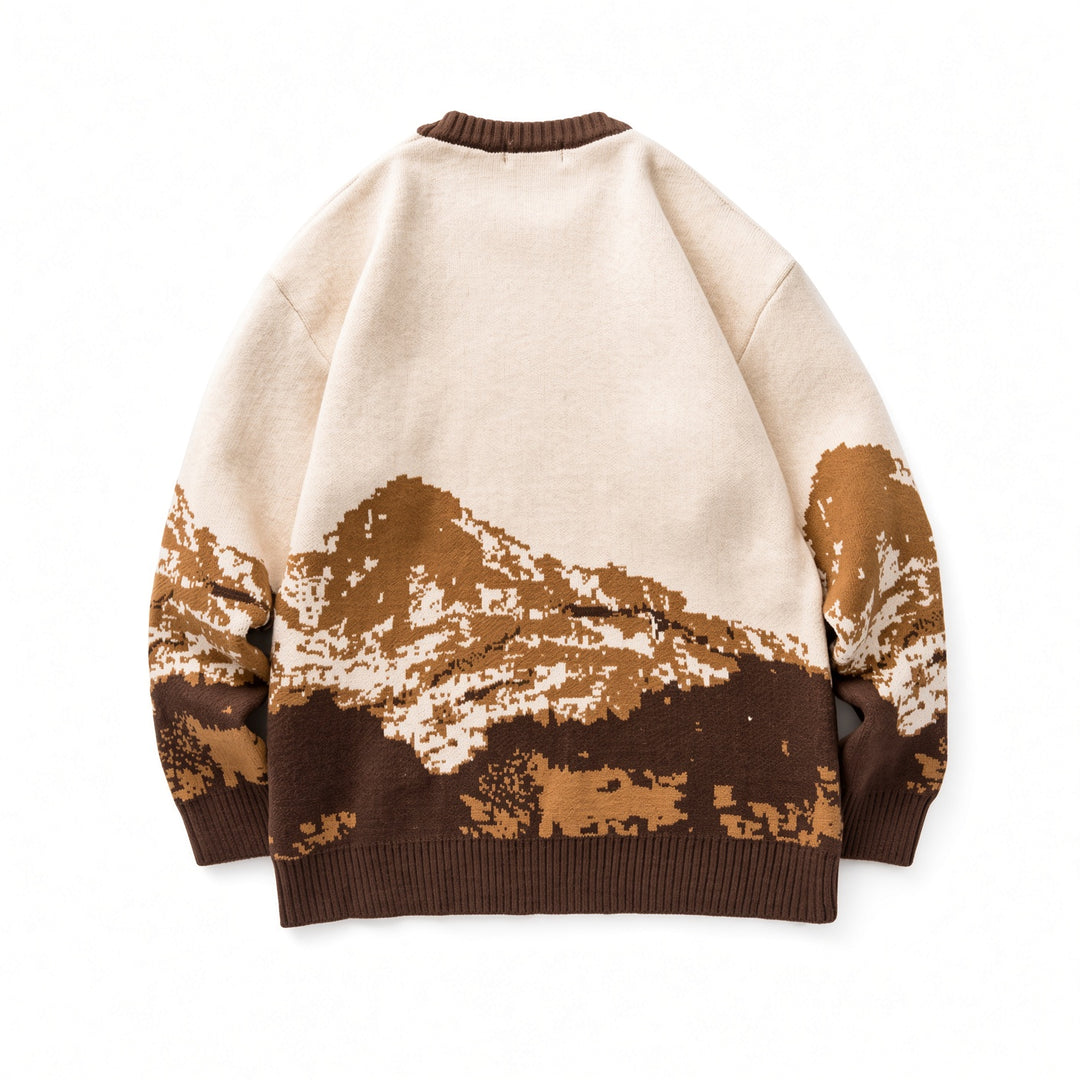 The Elara mountain scene knit sweater in Brown, back view
