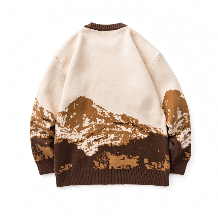 The Elara mountain scene knit sweater in Brown, back view