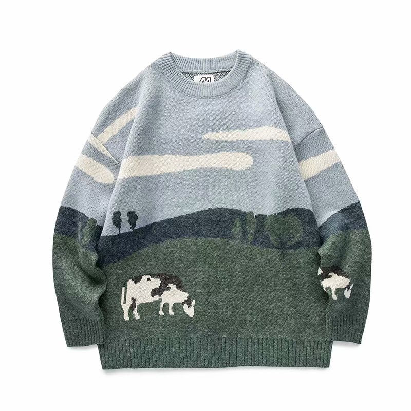 The Elara pasture scene knit sweater in Gray and Green, front view