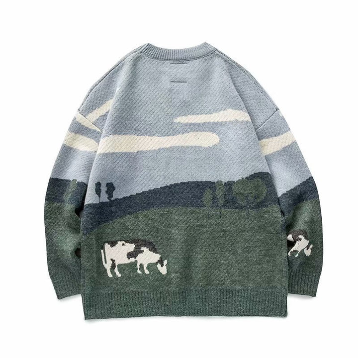 The Elara pasture scene knit sweater in Gray and Green, back view