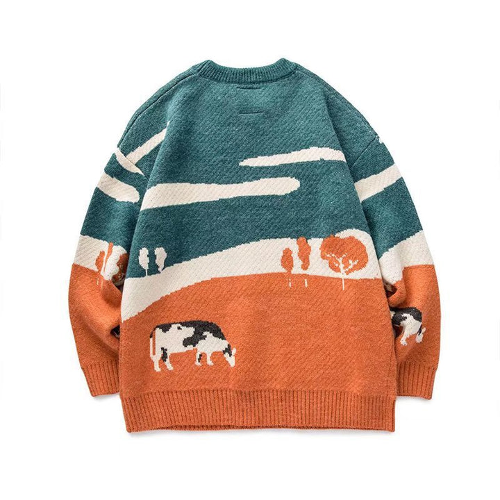 The Elara pasture scene knit sweater in Teal and Orange, back view