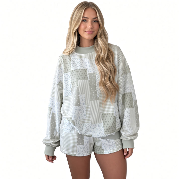 The Elara patchwork print lounge set in Light Green, front view