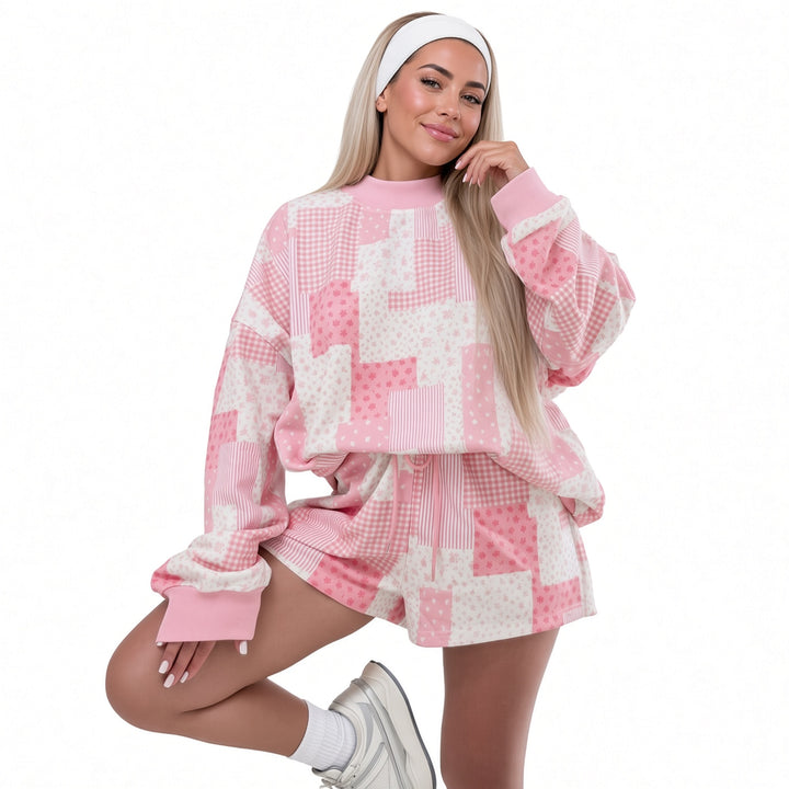 The Elara patchwork print lounge set in Pink, front view