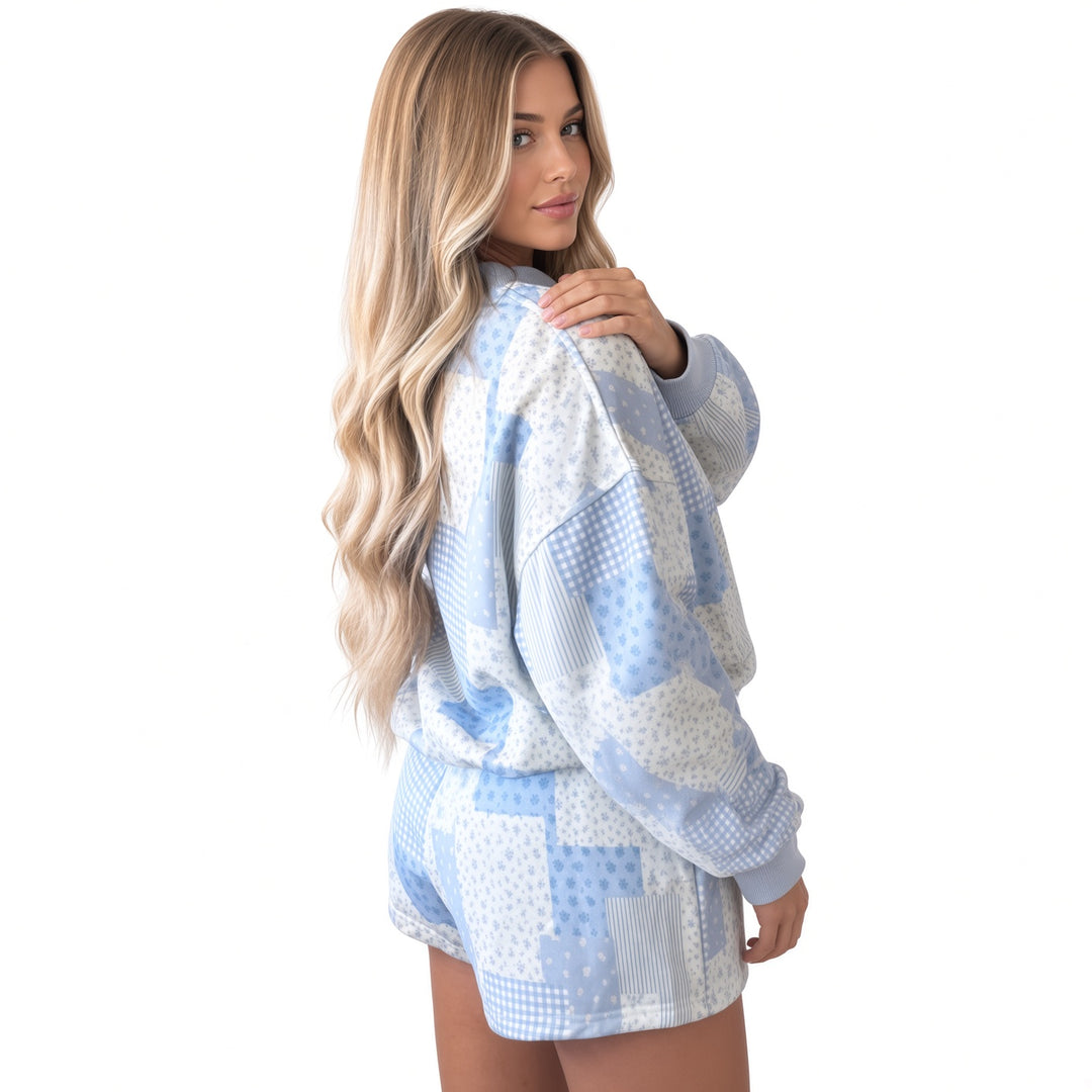 The Elara patchwork print lounge set in Light Blue, side and back view