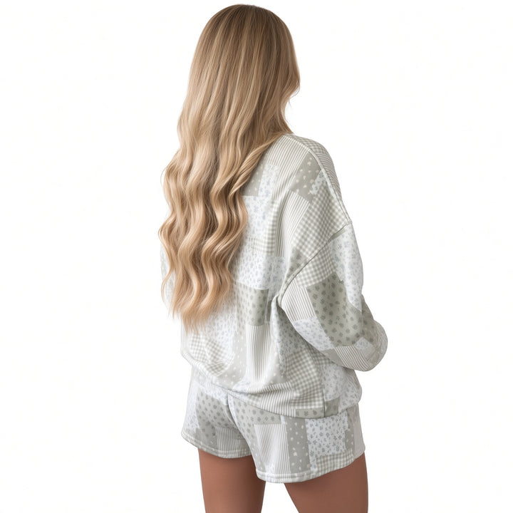 The Elara patchwork print lounge set in Light Green, back view