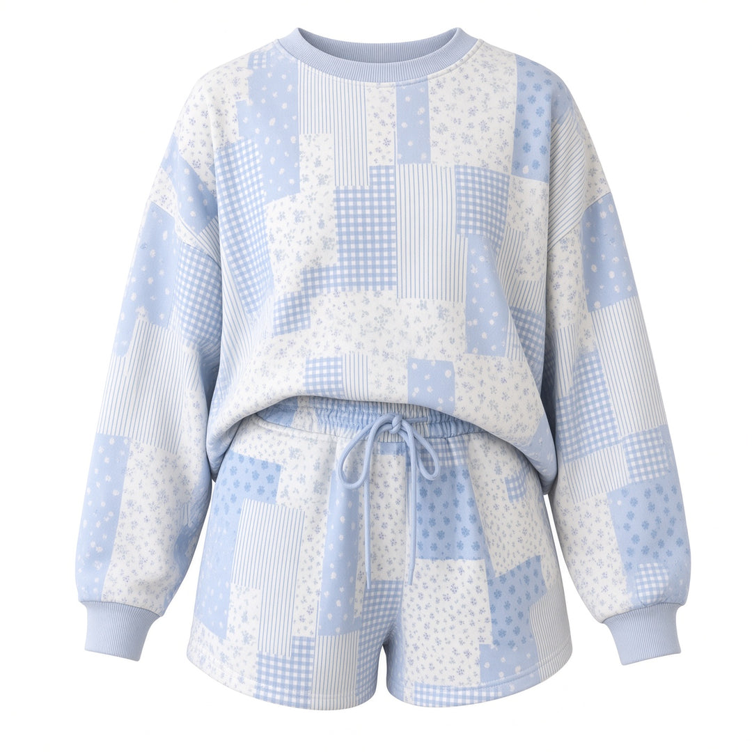 The Elara patchwork print sweatshirt and shorts set in Light Blue, product view