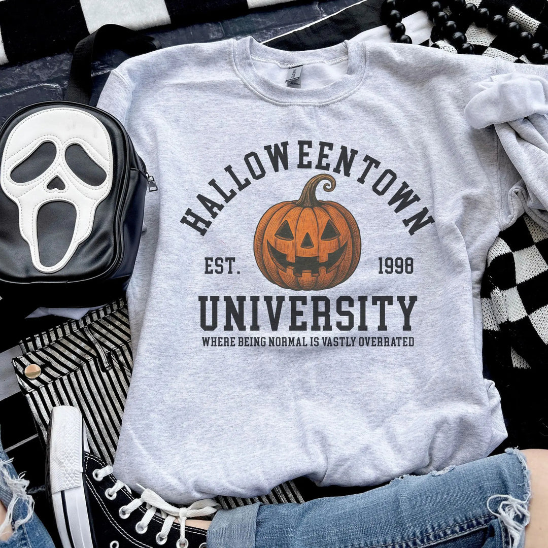 The Elara pumpkin campus sweatshirt in Light Gray, lifestyle view