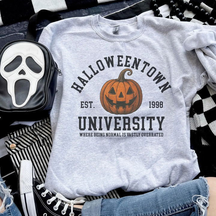The Elara pumpkin campus sweatshirt in Light Gray, lifestyle view