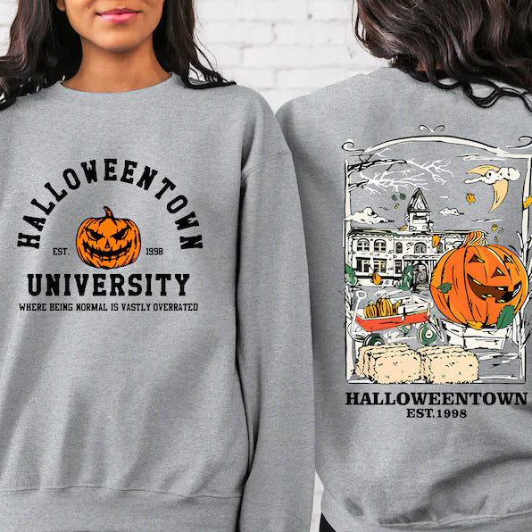 The Elara pumpkin campus sweatshirt in Dark Gray, front and back views