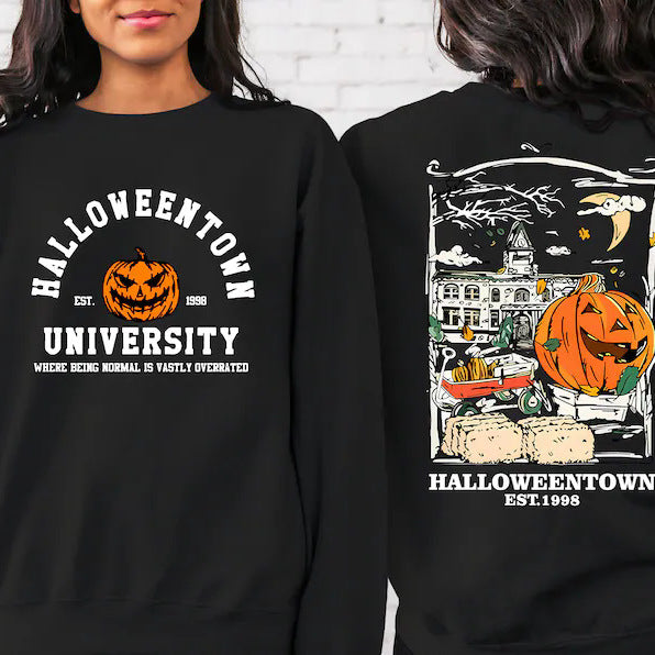 The Elara pumpkin campus sweatshirt in Black, front and back views