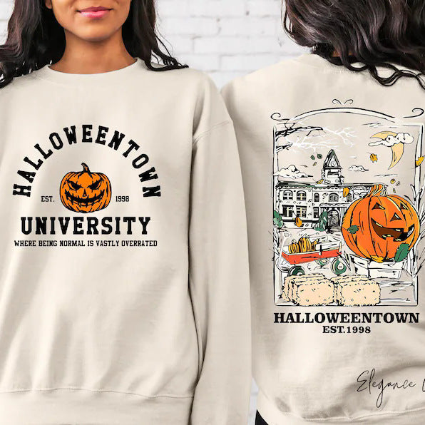 The Elara pumpkin campus sweatshirt in Apricot, front and back views