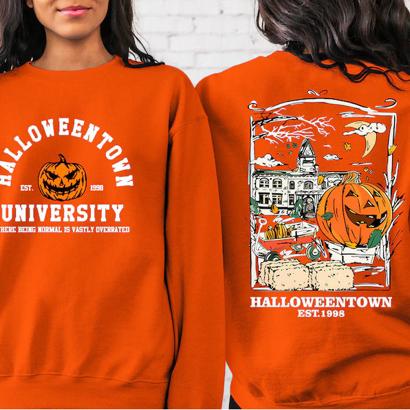 The Elara pumpkin campus sweatshirt in Orange Red, front and back views