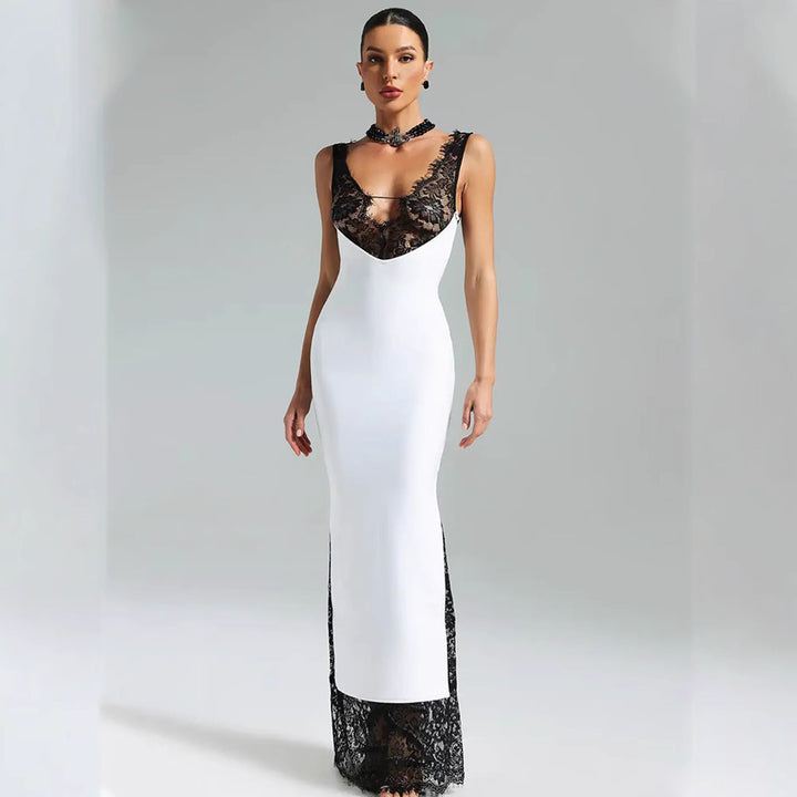 The Elara lace-trim bodycon maxi dress in White, full-length front view
