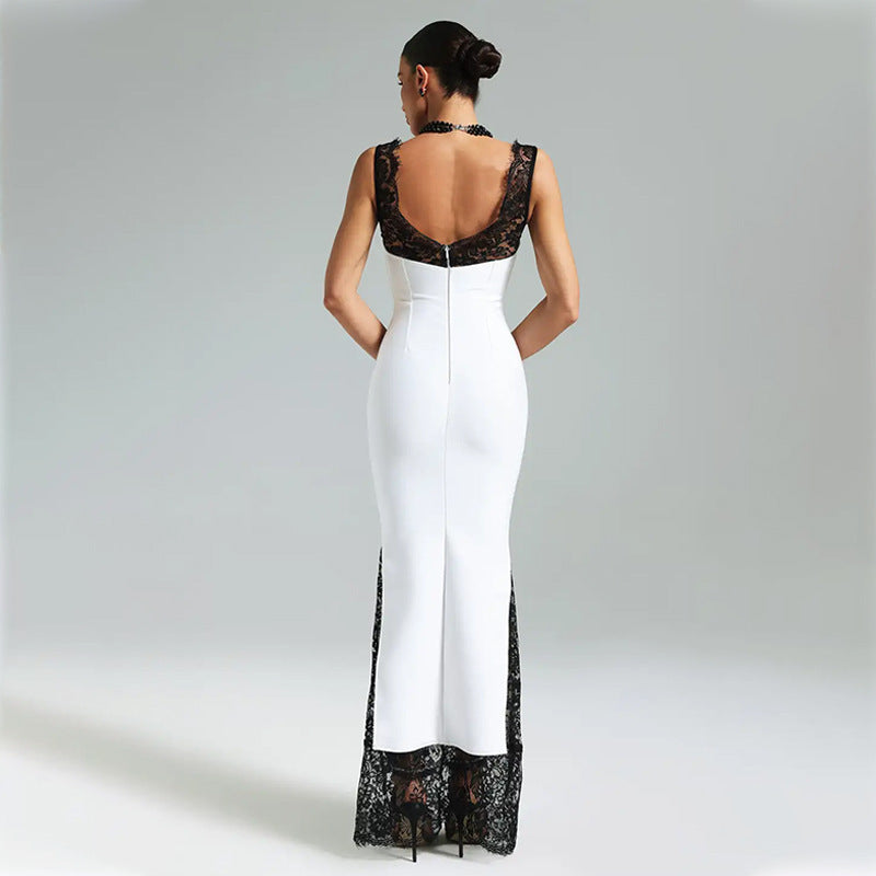 The Elara lace-trim bodycon maxi dress in White, back view