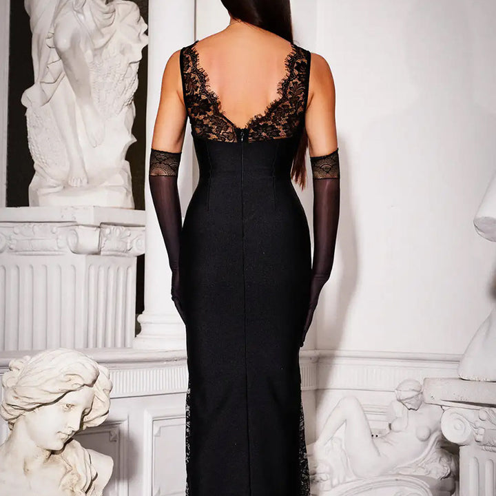 The Elara lace-trim bodycon maxi dress in Black, back view
