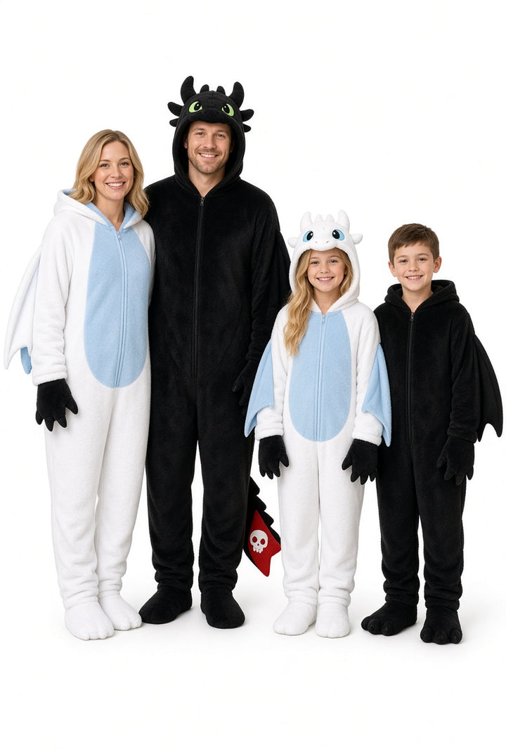 Family wearing dragon fleece costumes in White and Black