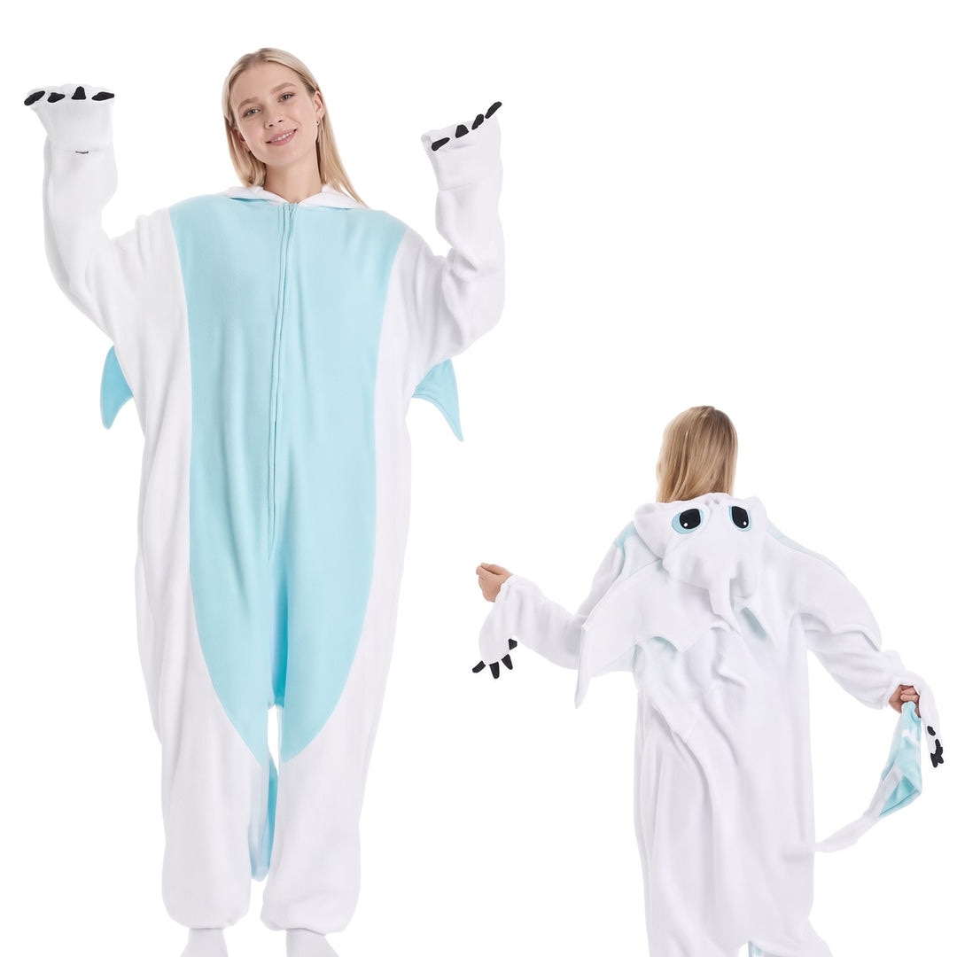 The Elara White dragon fleece adult costume, full front view