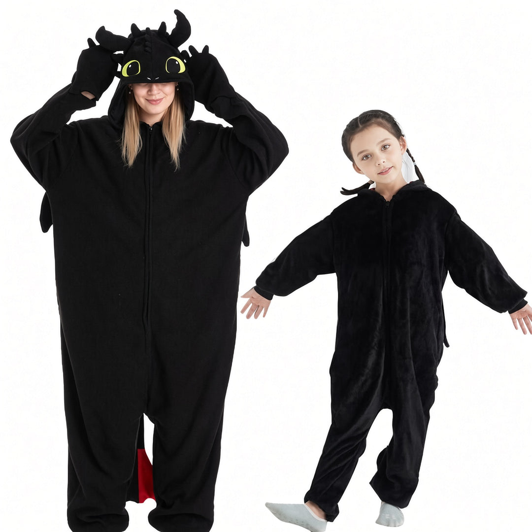 Adult and child wearing The Elara Black dragon fleece costumes