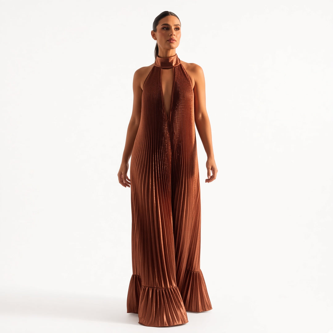 The Elara metallic pleated halter maxi dress, full front view