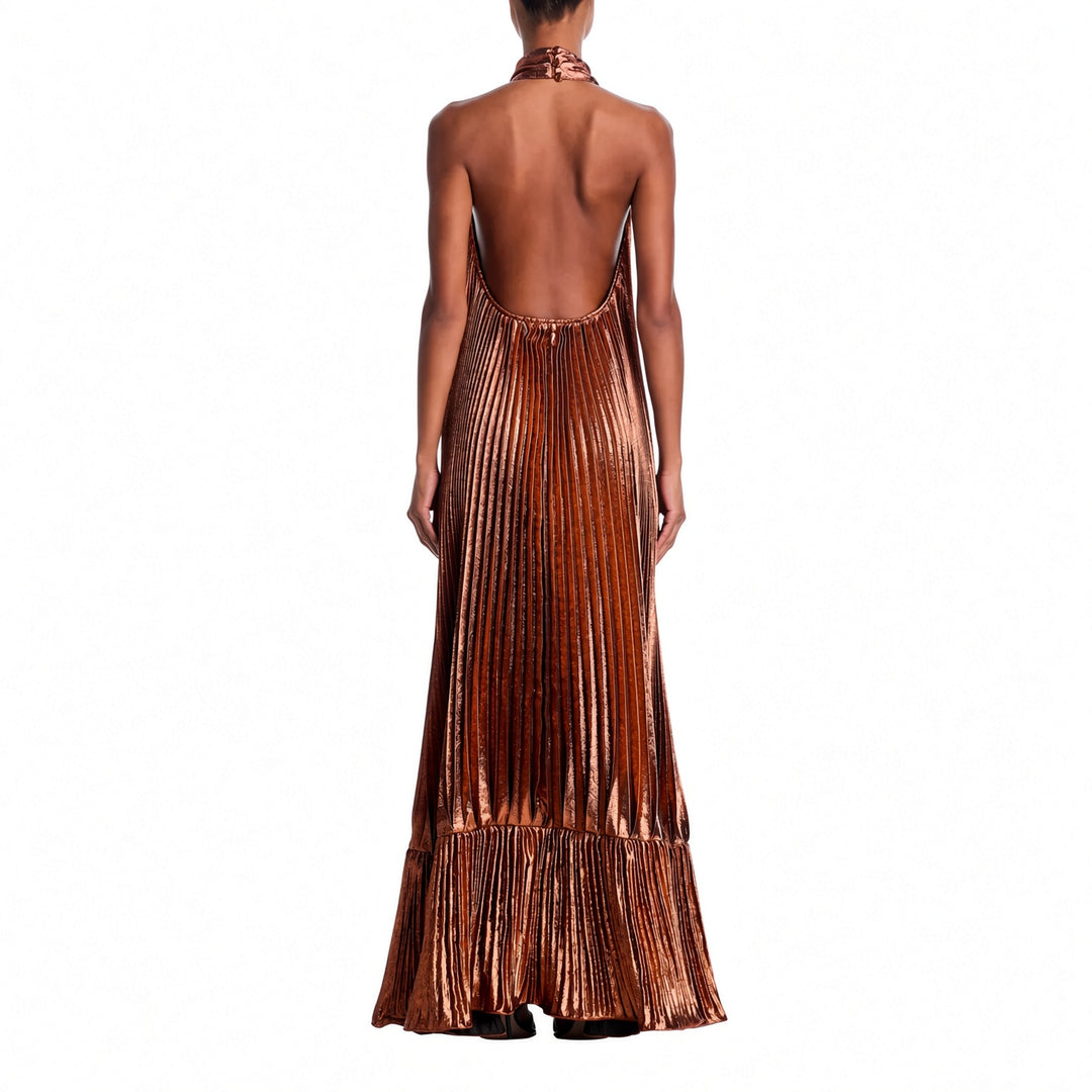 The Elara metallic pleated halter maxi dress, open back view