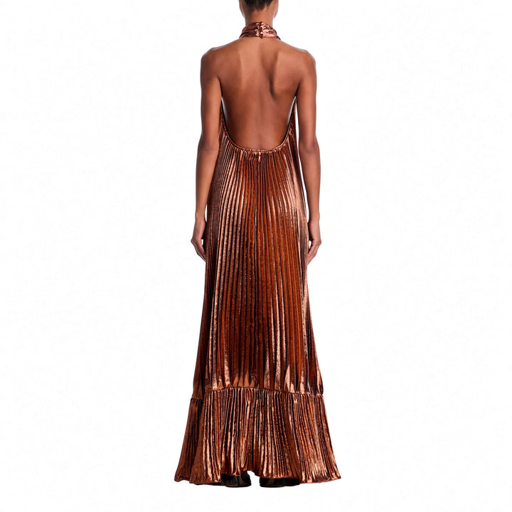 The Elara metallic pleated halter maxi dress, open back view