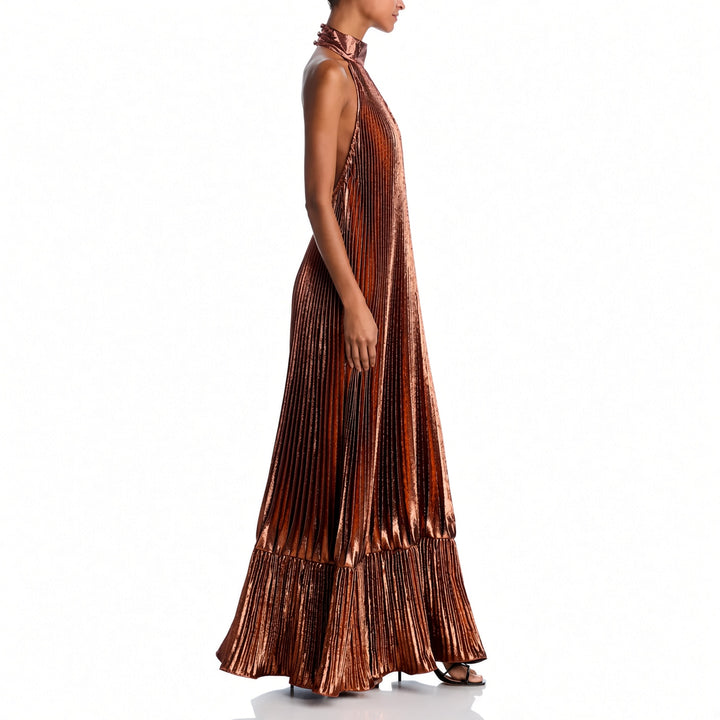 The Elara metallic pleated halter maxi dress, side view