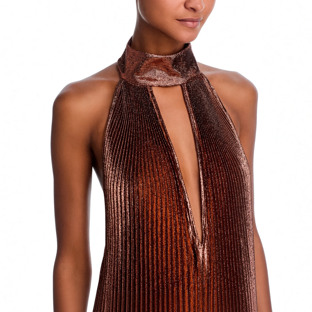 Metallic pleated halter neckline and keyhole detail