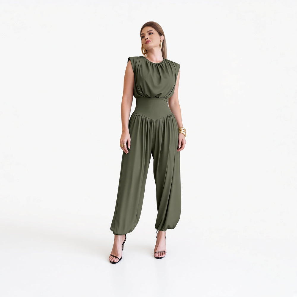 The Elara padded-shoulder harem jumpsuit in Army Green, front view