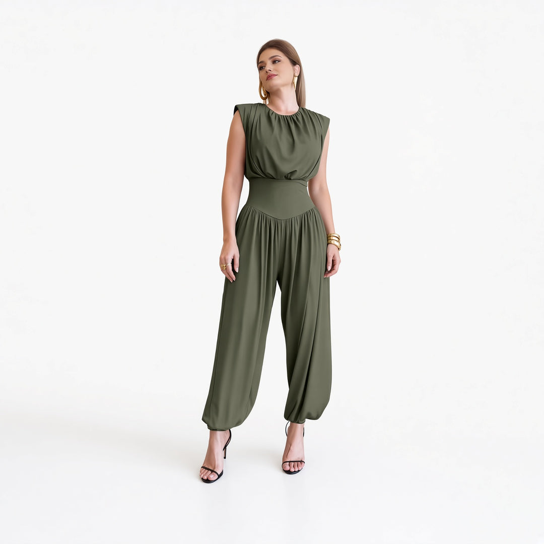 The Elara padded-shoulder harem jumpsuit in Army Green, front view