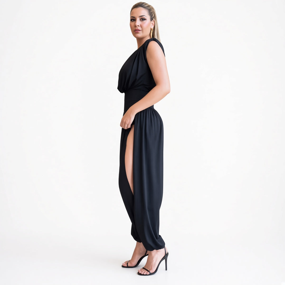 Buttoned side-slit leg detail on The Elara Navy harem jumpsuit