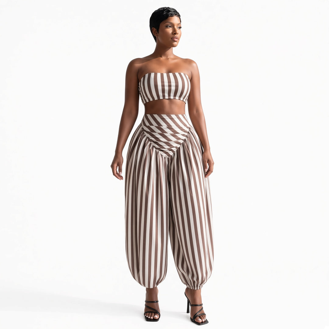 The Elara striped bandeau pant set in Khaki, front view