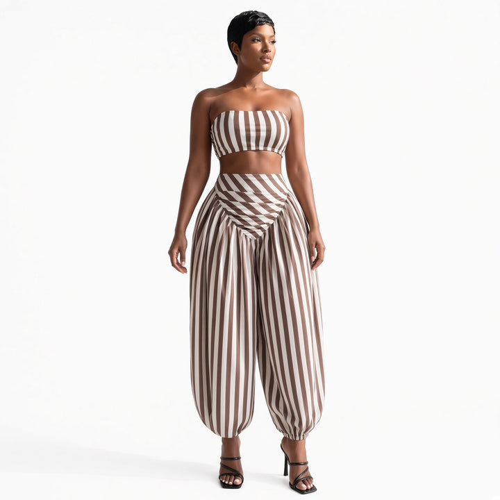 The Elara striped bandeau pant set in Khaki, front view