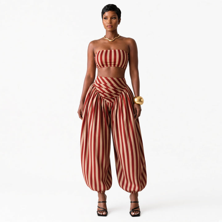 The Elara striped bandeau pant set in Dark Red, front view