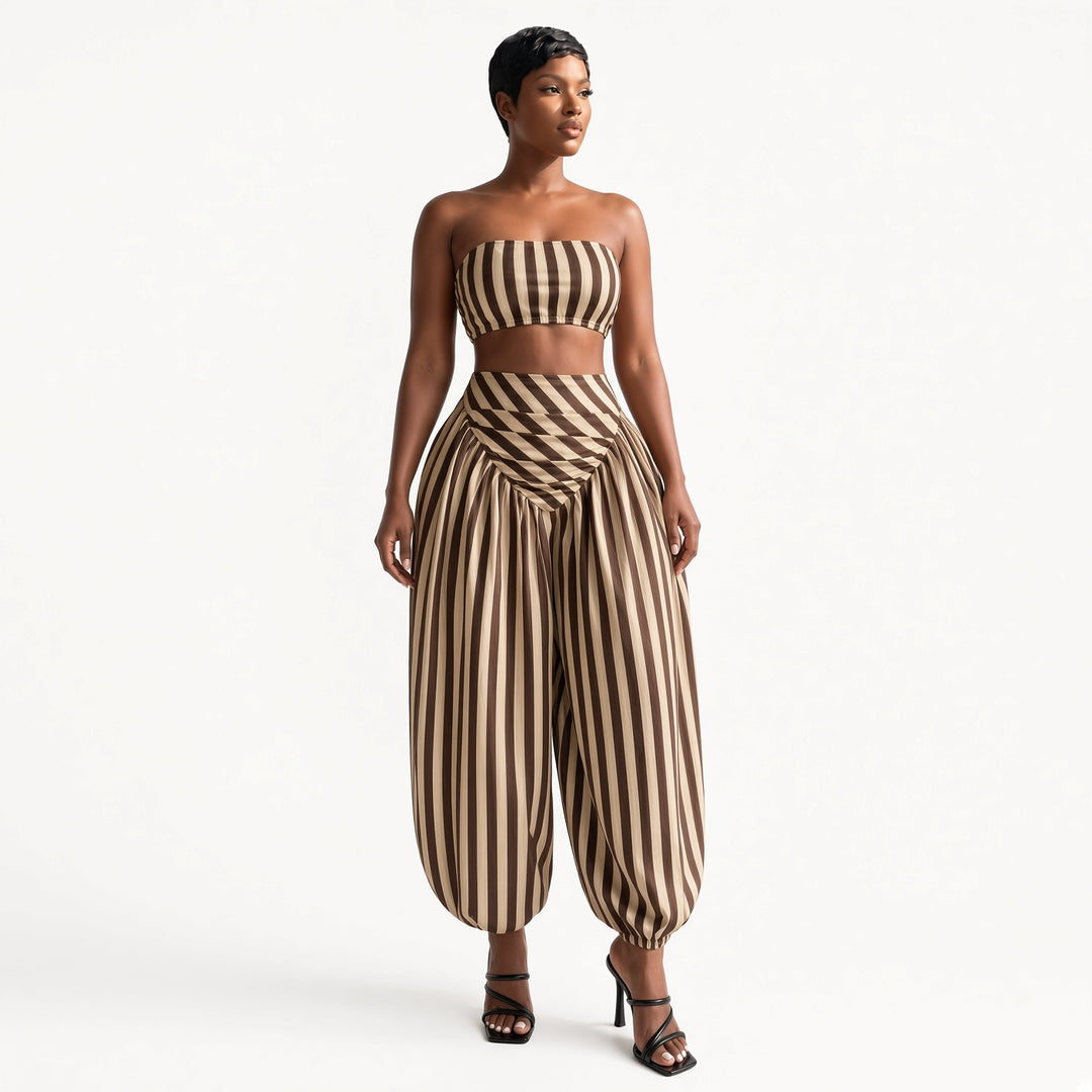 The Elara striped bandeau pant set in Coffee, front view