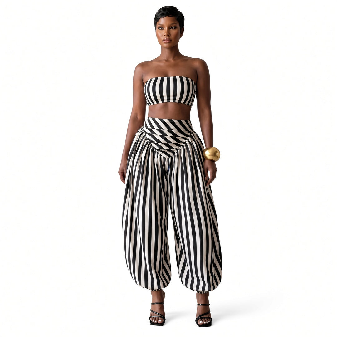 The Elara striped bandeau pant set in Black, front view