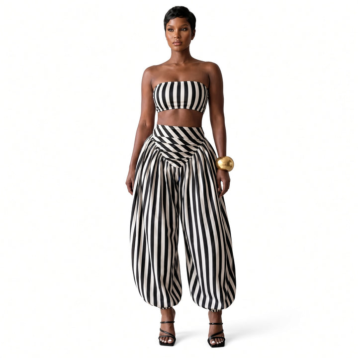 The Elara striped bandeau pant set in Black, front view