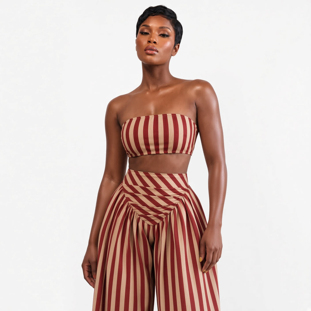 Striped bandeau top and curved waist-panel detail