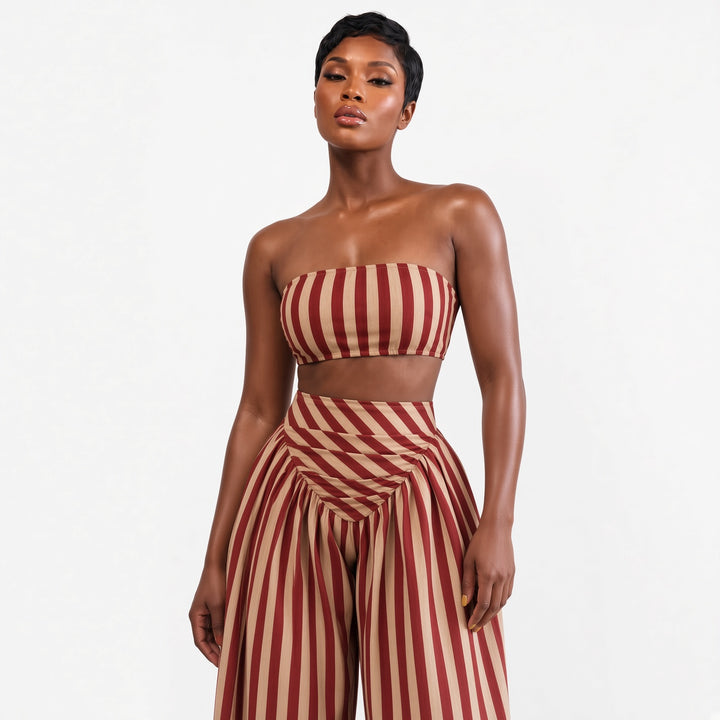Striped bandeau top and curved waist-panel detail