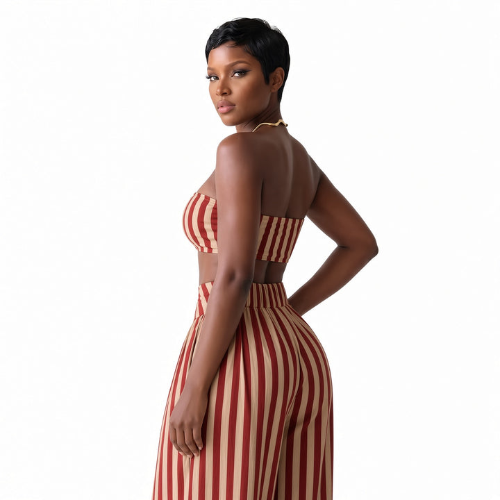 The Elara Dark Red striped bandeau set, back view
