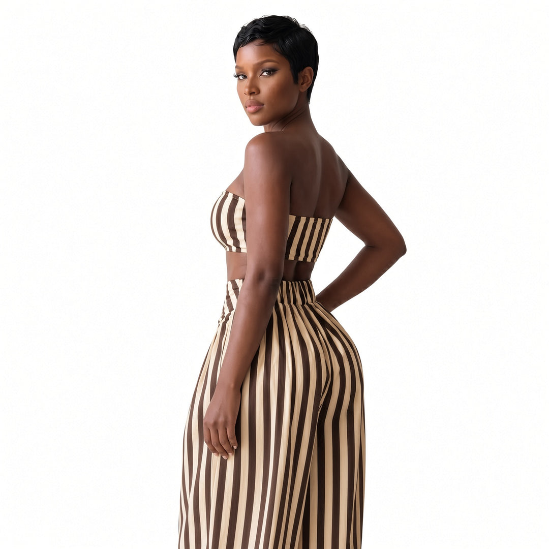 The Elara Coffee striped bandeau set, back view