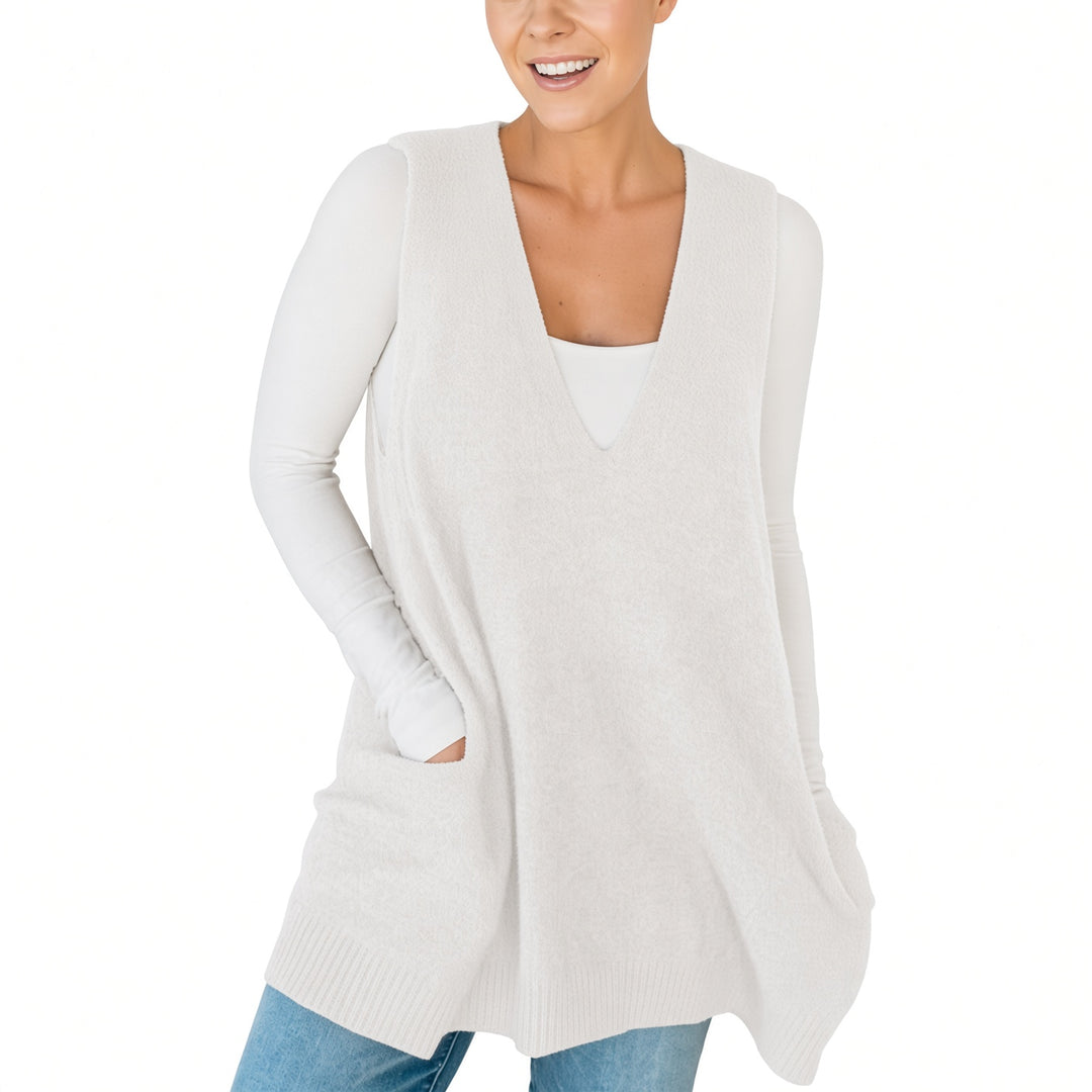 The Elara longline pocket sweater vest in White, front view